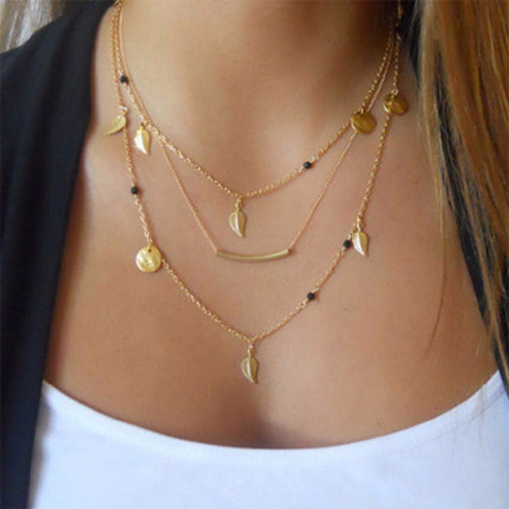 New gold silver chain beads leaves pendant necklace fashion jewelry multi layer necklaces for women