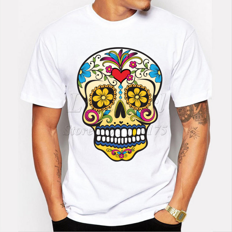 Fashion short sleeve gold tooth floral sugar skull t-shirt Harajuku funny tee shirts Hipster O-neck cool tops