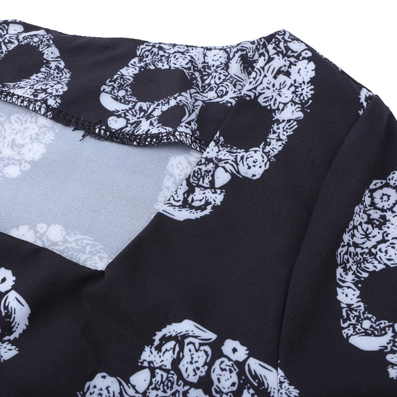 Women Fashionable Pin up Long Flare Sleeve Square Collar Sugar Skull Print Halloween Party Clothing Maxi Dress elegant