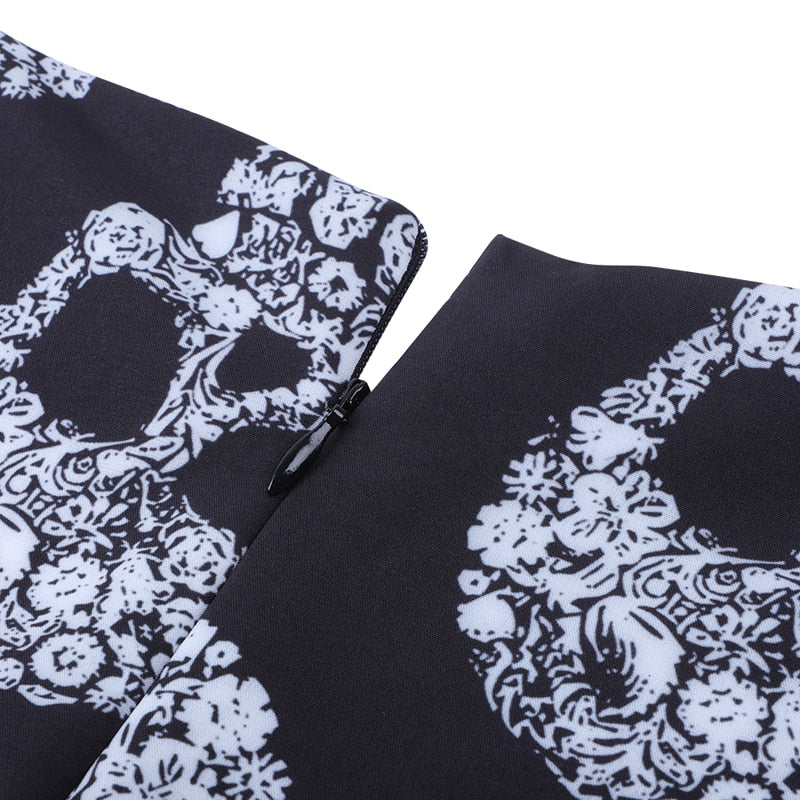 Women Fashionable Pin up Long Flare Sleeve Square Collar Sugar Skull Print Halloween Party Clothing Maxi Dress elegant