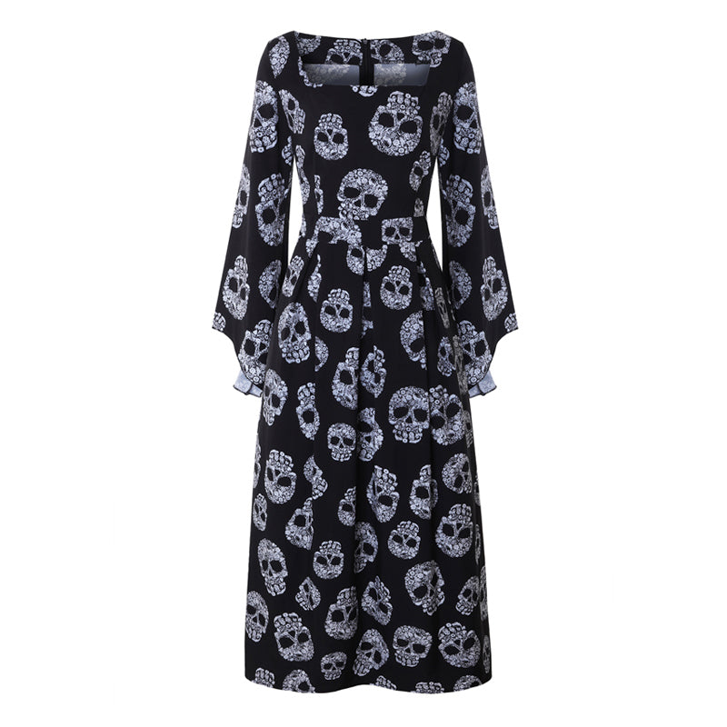 Women Fashionable Pin up Long Flare Sleeve Square Collar Sugar Skull Print Halloween Party Clothing Maxi Dress elegant