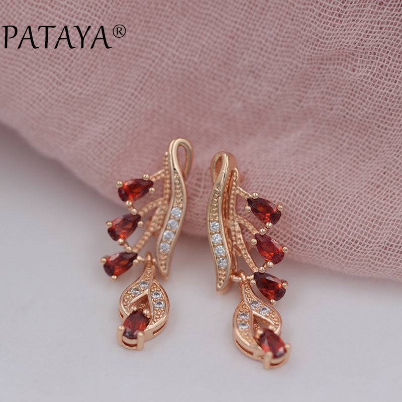 Rose Red Long Earrings 585 Rose Gold Natural Zirconia Leaf Design Screw Ear Clip Black Jewelry Women Dangle Earrings