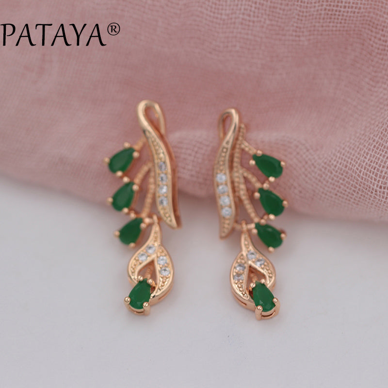 Rose Red Long Earrings 585 Rose Gold Natural Zirconia Leaf Design Screw Ear Clip Black Jewelry Women Dangle Earrings