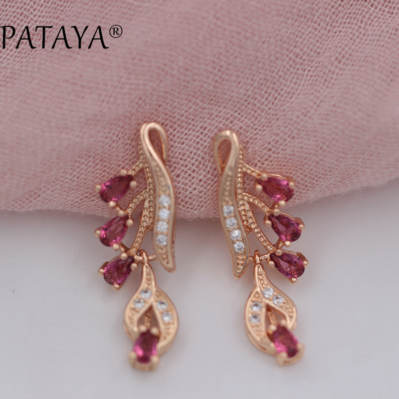 Rose Red Long Earrings 585 Rose Gold Natural Zirconia Leaf Design Screw Ear Clip Black Jewelry Women Dangle Earrings