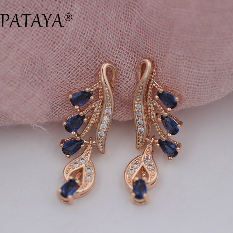 Rose Red Long Earrings 585 Rose Gold Natural Zirconia Leaf Design Screw Ear Clip Black Jewelry Women Dangle Earrings