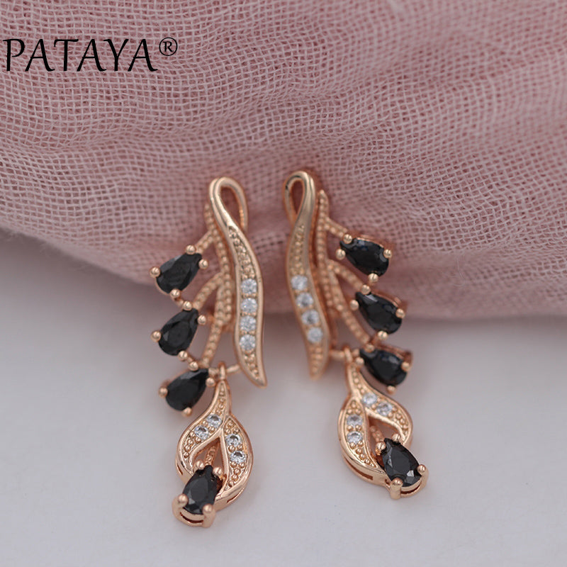 Rose Red Long Earrings 585 Rose Gold Natural Zirconia Leaf Design Screw Ear Clip Black Jewelry Women Dangle Earrings
