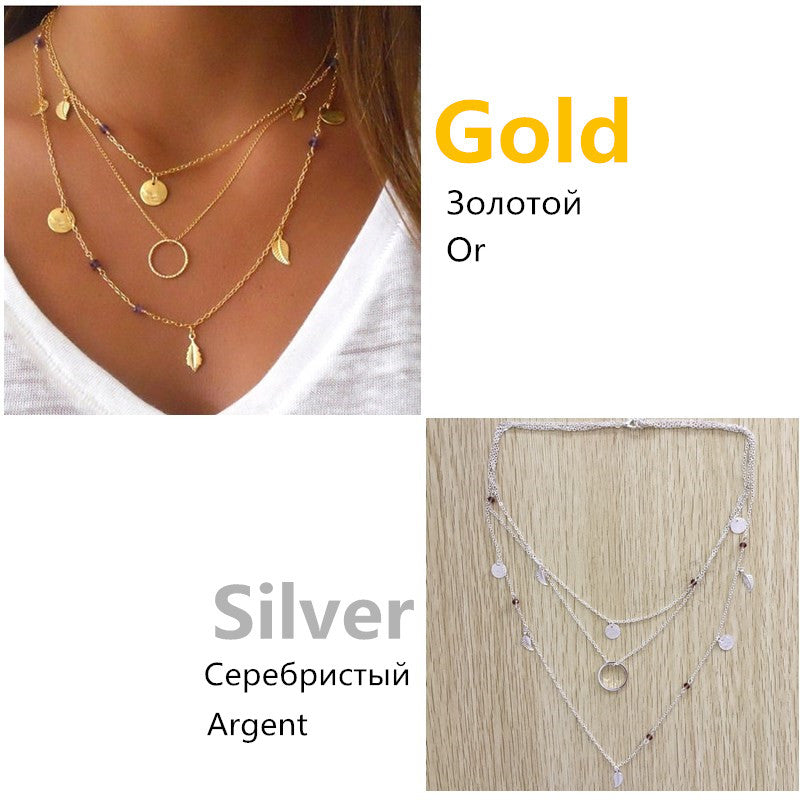 Silver Color Chain Leaves Multi Layer Choker Necklace for Women Collier Femme Fashion Jewelry Gold Color
