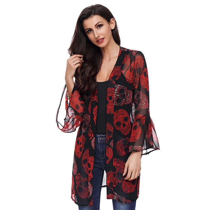 Women Cardigan Long Sleeve Red Skull