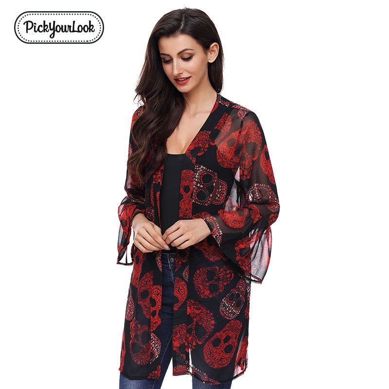 Women Cardigan Long Sleeve Red Skull