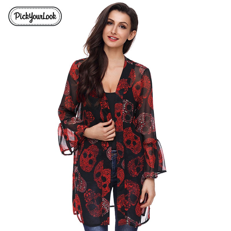 Women Cardigan Long Sleeve Red Skull