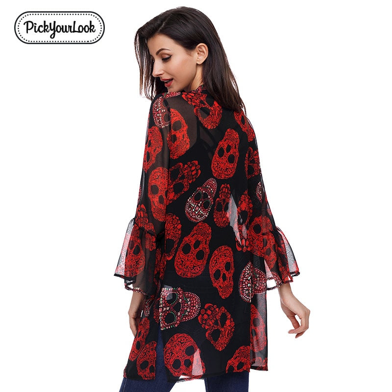 Women Cardigan Long Sleeve Red Skull