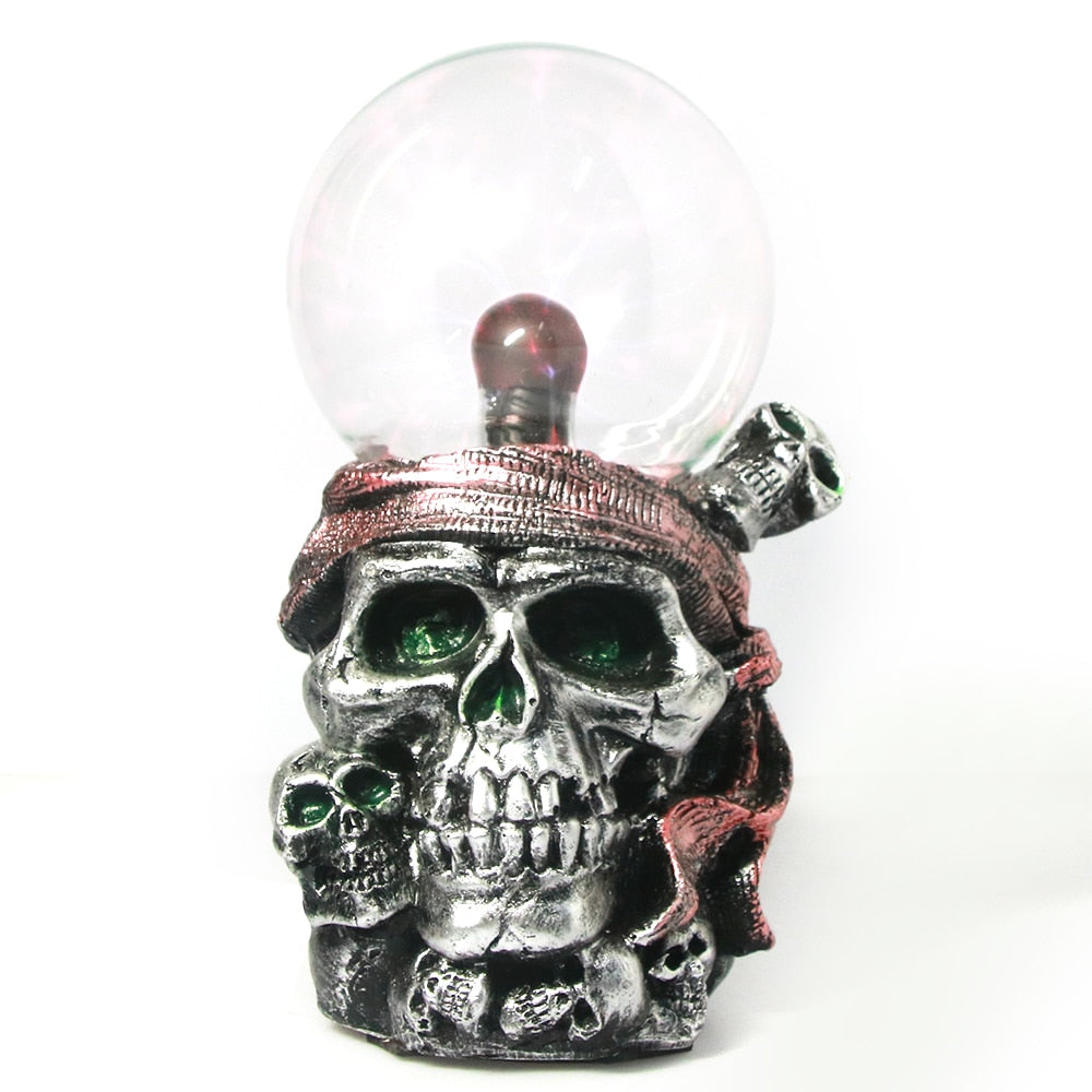 Pirate Skull with Red Bandana Statue Plasma Ball Lighting Piled Skulls Resin