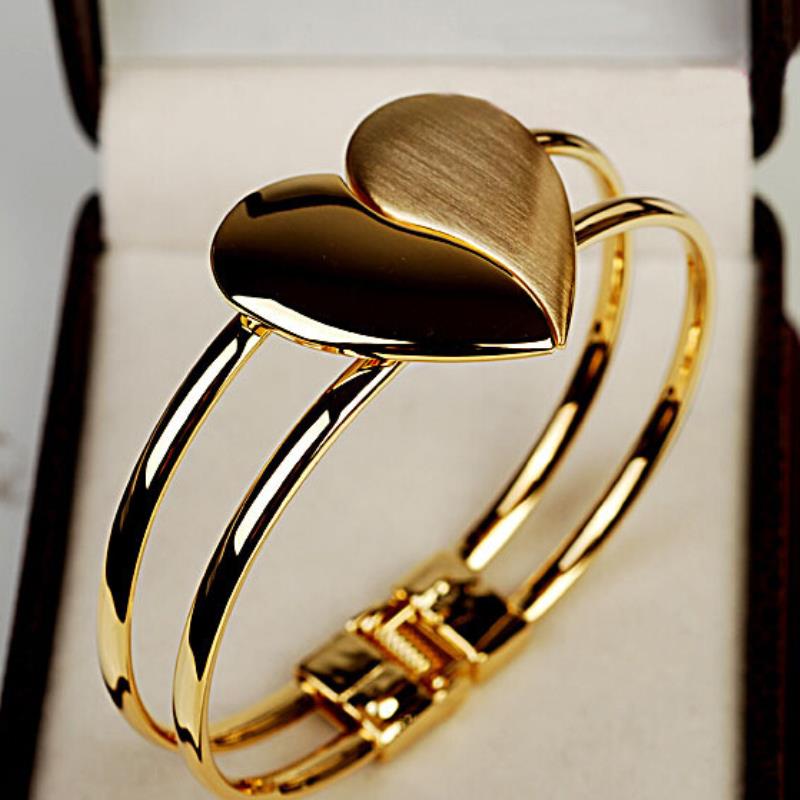 New Crystal Charm Heart Bangle Gold Color Love Bracelets Bangles for Women Fashion Cuff Bracelets
