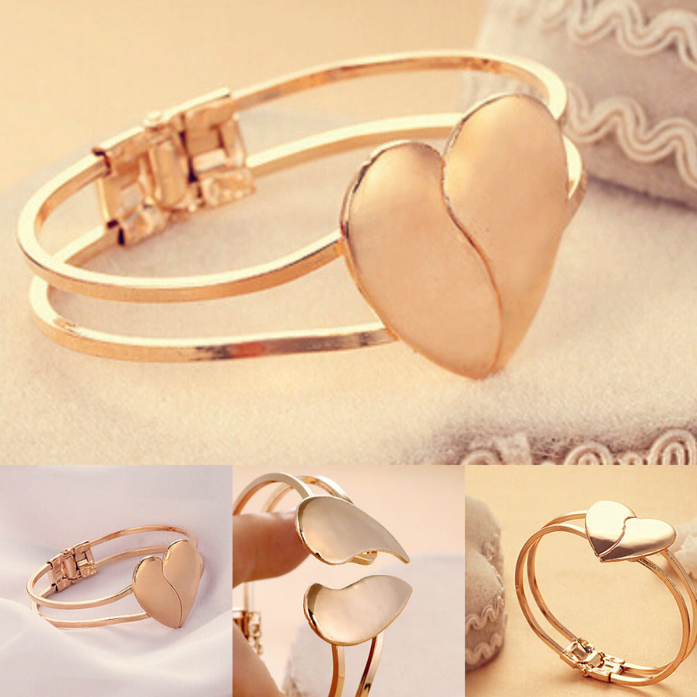 New Crystal Charm Heart Bangle Gold Color Love Bracelets Bangles for Women Fashion Cuff Bracelets
