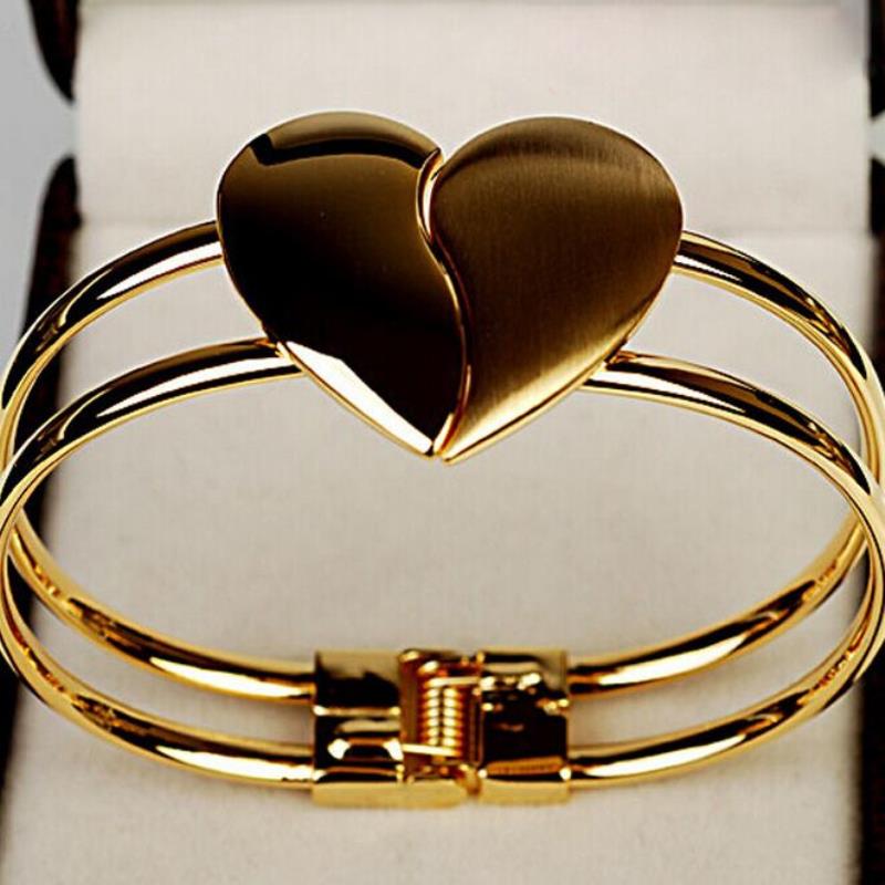 New Crystal Charm Heart Bangle Gold Color Love Bracelets Bangles for Women Fashion Cuff Bracelets