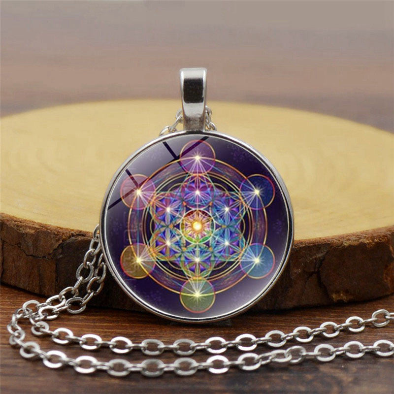 Psychedelic Sacred Geometry Luminous Necklace Glass Cabochon Pendant Silver Chain Necklace Women Glow In The Dark Jewelry
