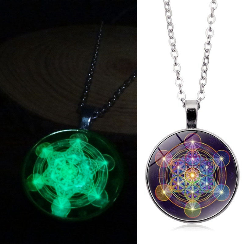 Psychedelic Sacred Geometry Luminous Necklace Glass Cabochon Pendant Silver Chain Necklace Women Glow In The Dark Jewelry