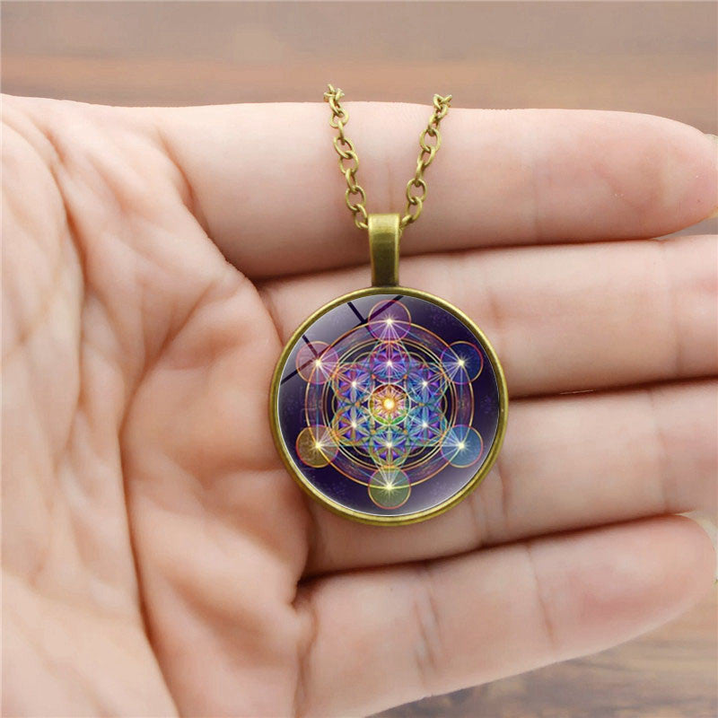 Psychedelic Sacred Geometry Luminous Necklace Glass Cabochon Pendant Silver Chain Necklace Women Glow In The Dark Jewelry