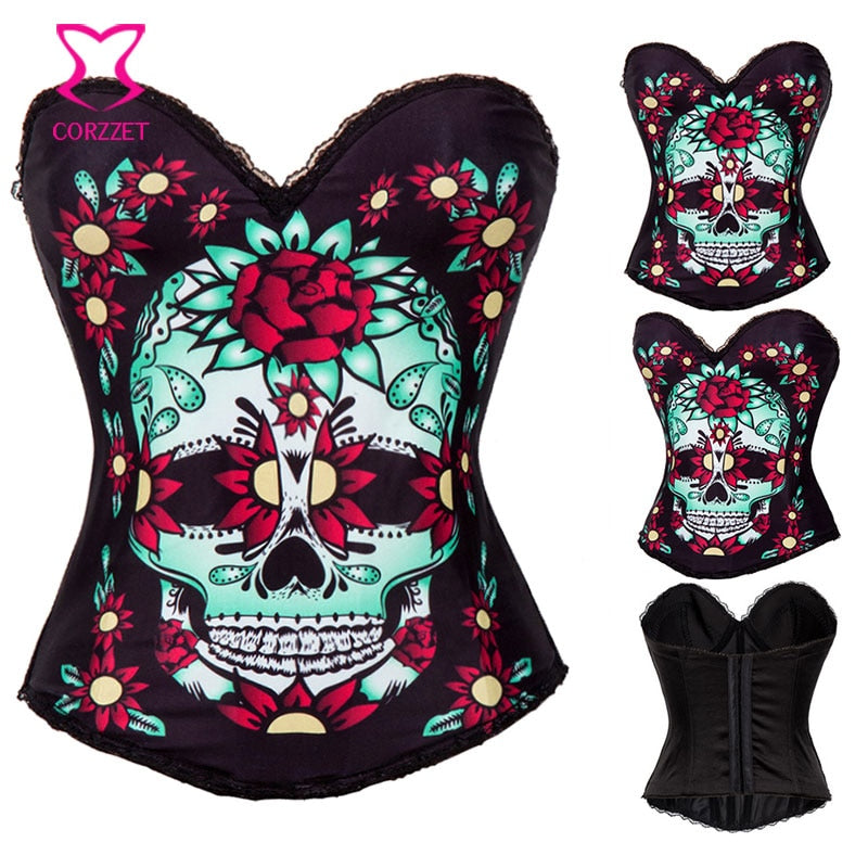 Cotton Printing Floral Skull Corset Gothic