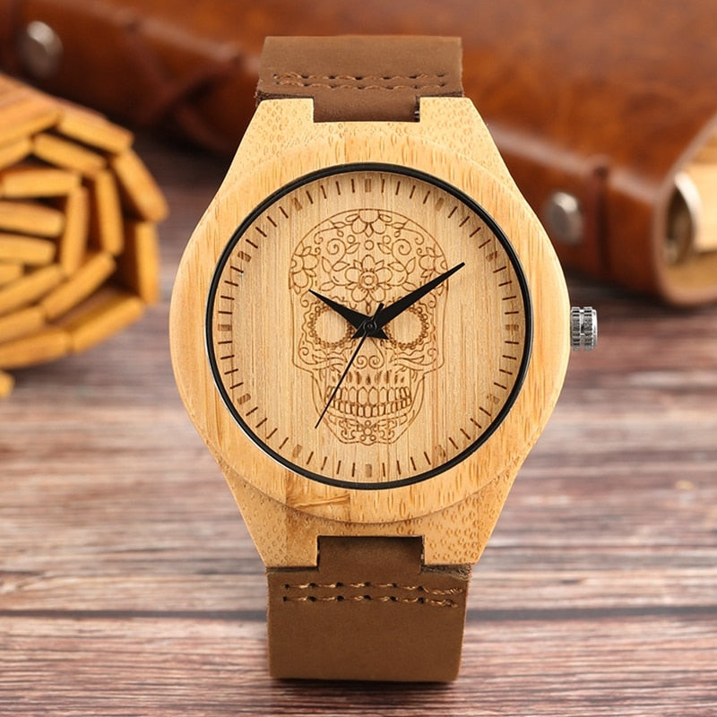 Sugar skull wooden watch