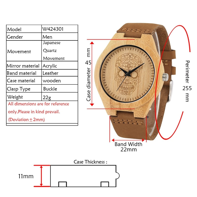 Sugar skull wooden watch