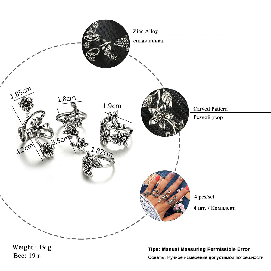 4pcs Bague Femme Vintage Knuckle Rings for Women Turkish Big Flower Leaf Midi Finger Ring Set Boho Punk Jewelry 2018