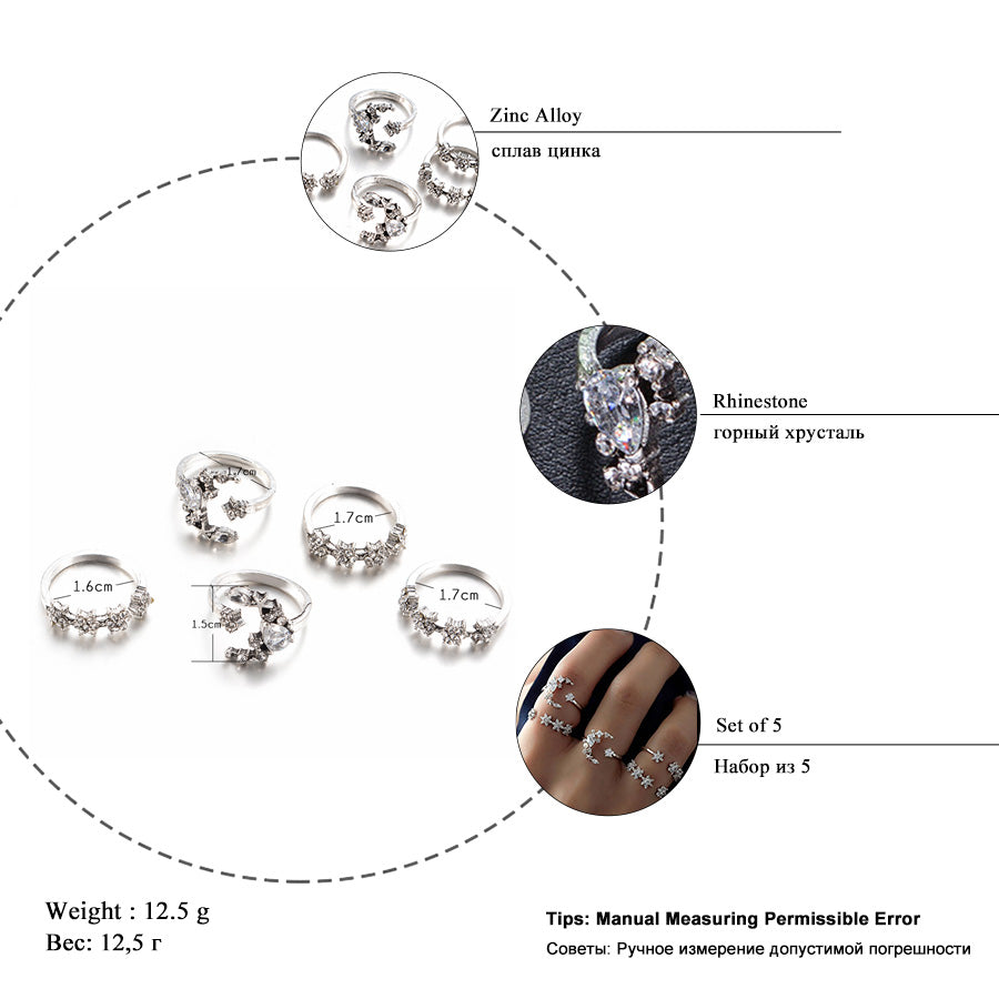 5pcs New Rings for Women Tiny Crystal Moon Finger Knuckles Ring Set Alliance Female Jewellery Party Wedding Bague Femme