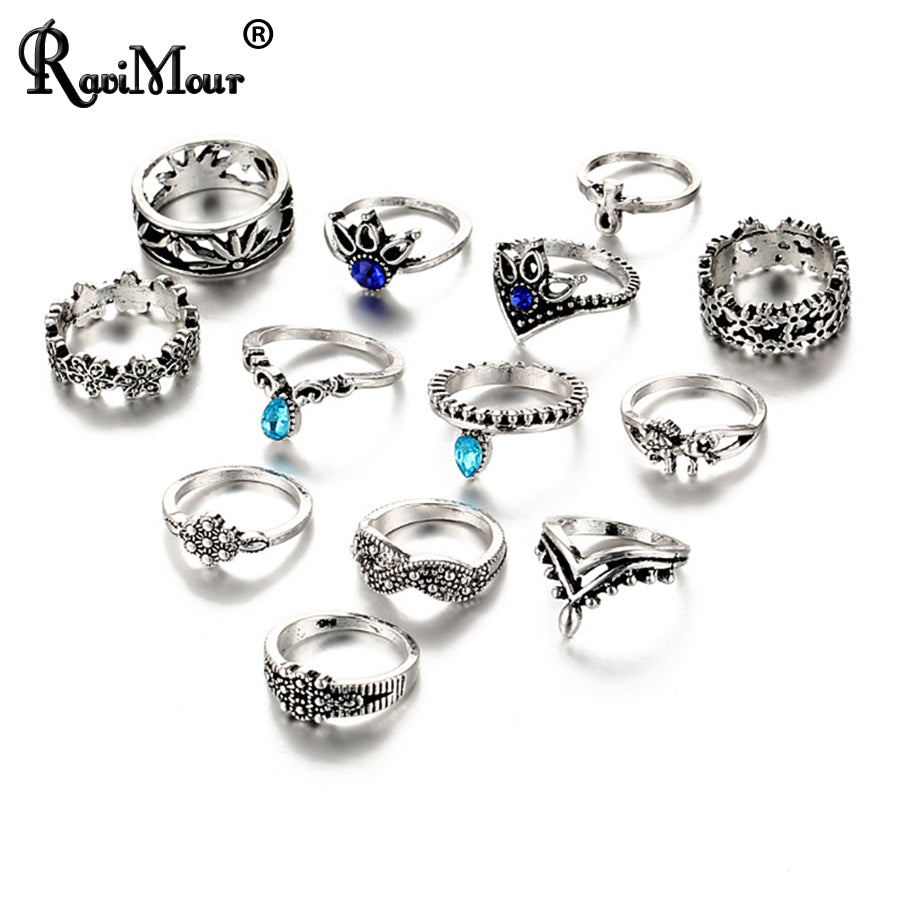 7 Style Vintage Knuckle Rings for Women Boho Geometric Flower Crystal Ring Set Bohemian Midi Finger Jewelry Bague Femme