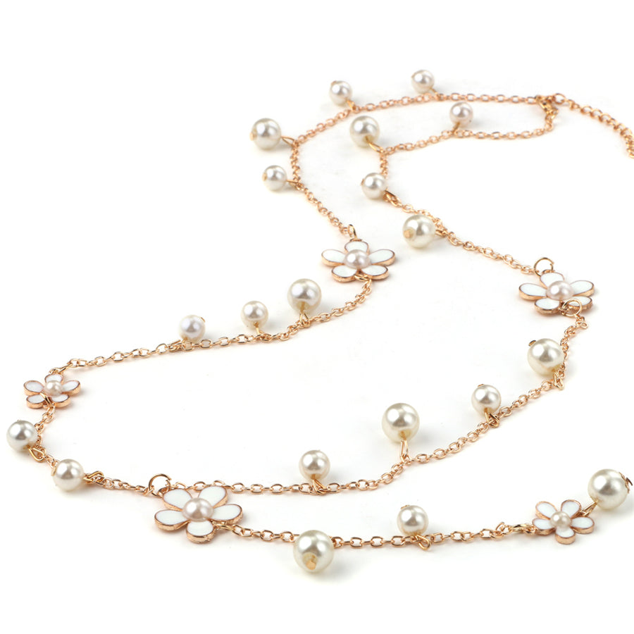 Flower Long Necklace for Women Fashion Simulated Pearl Jewelry Tassel Perlas Necklaces & Pendants Bijoux Femme Perle