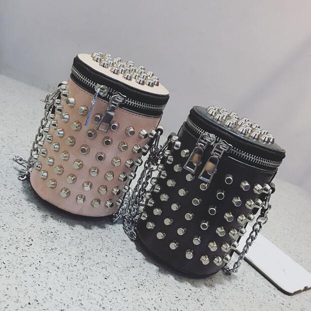 High-quality PU Leather Women bag Punk Rivet Bucket Shoulder bag