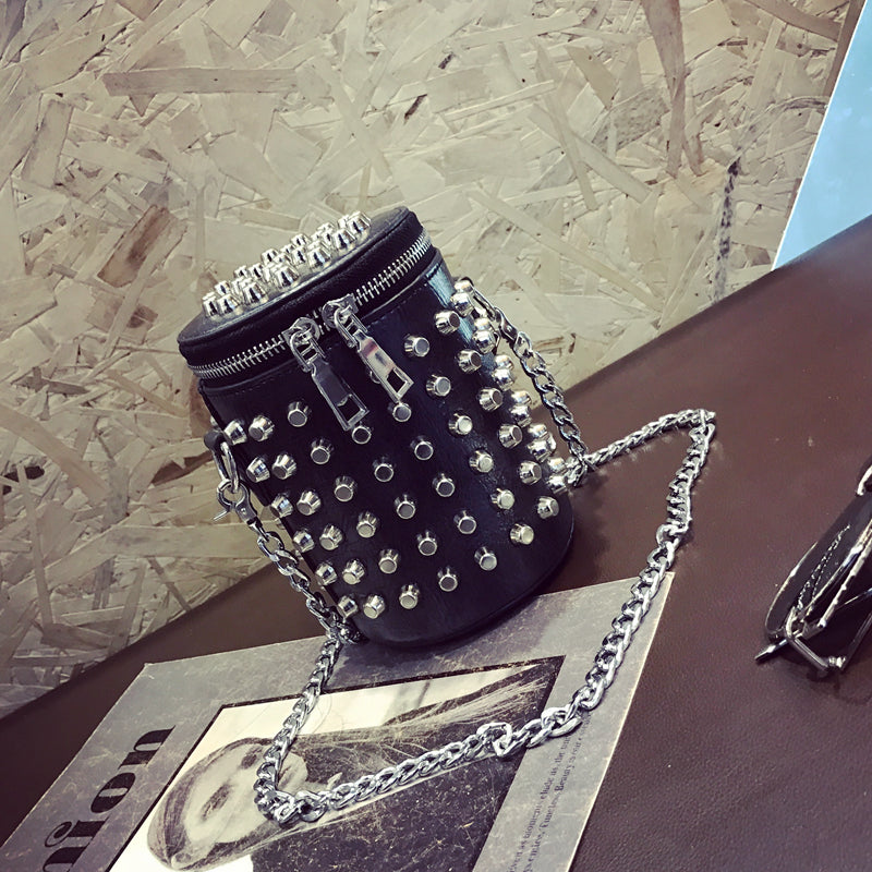 High-quality PU Leather Women bag Punk Rivet Bucket Shoulder bag