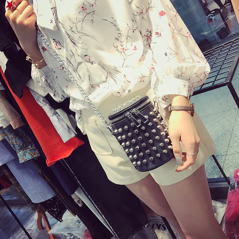 High-quality PU Leather Women bag Punk Rivet Bucket Shoulder bag