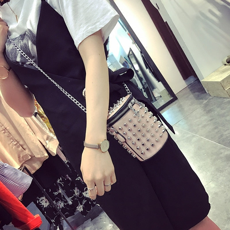 High-quality PU Leather Women bag Punk Rivet Bucket Shoulder bag