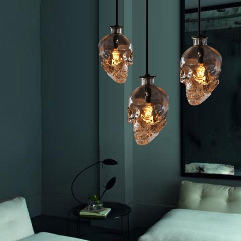 Retro Human Skull Clear Glass Pendant Light bulb Fixture Home Deco