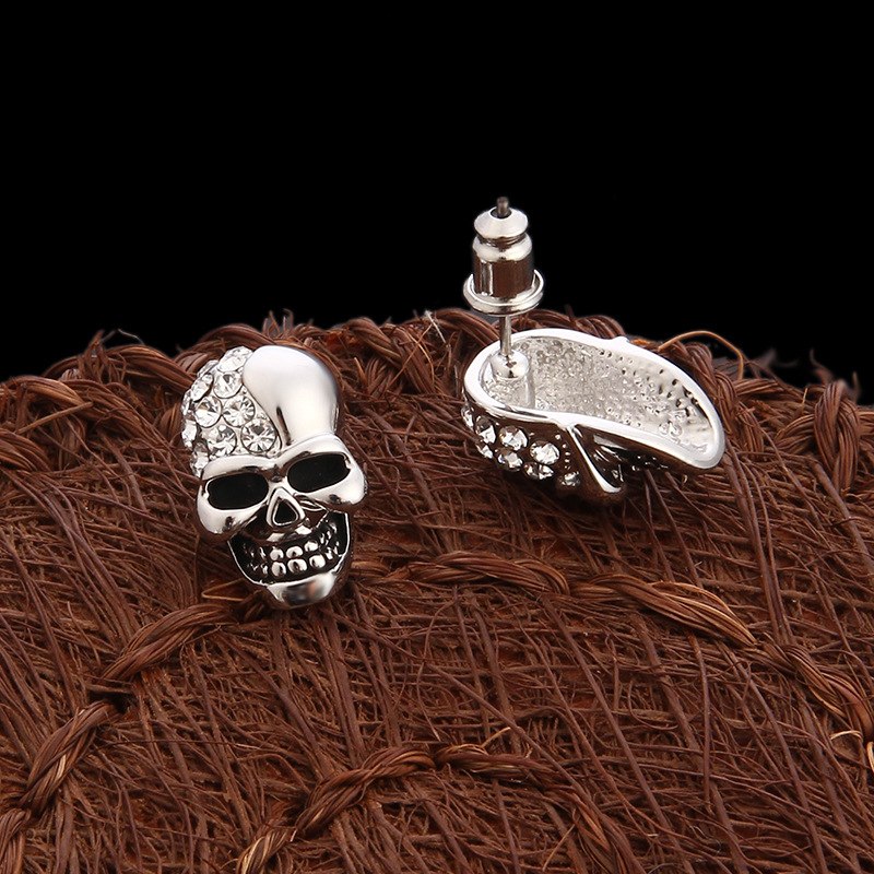 Rhinestone Rock Punk Skull Crystal Silver Tone Stud Earrings For Women Men Earrings Hiphop Jewelry Brincos