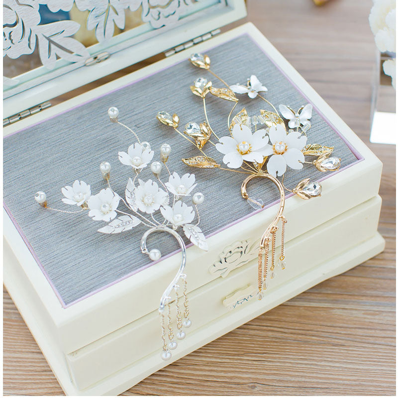 Rhinestone Simulated-pearl Earrings for Women Earring Jacket Jewelry White Yarn Flower Tassels Fashion Wedding Gifts