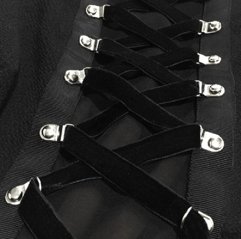 Ribbon Decorated Gothic Women Black Dress Japanese Harajuku Punk Cross Straps Tie Slim A Line Dress