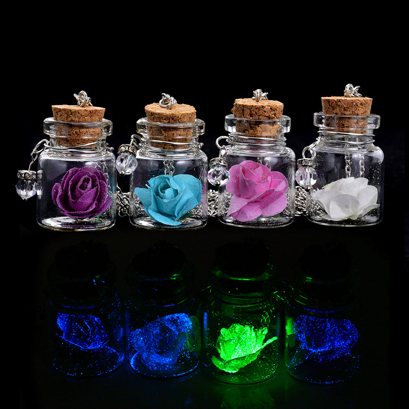 Romantic Luminous Glow In Dark Rose Flower Pendant Necklace Fluorescent Glass Wish Bottle Chain Choker Necklace Gift Jewelry