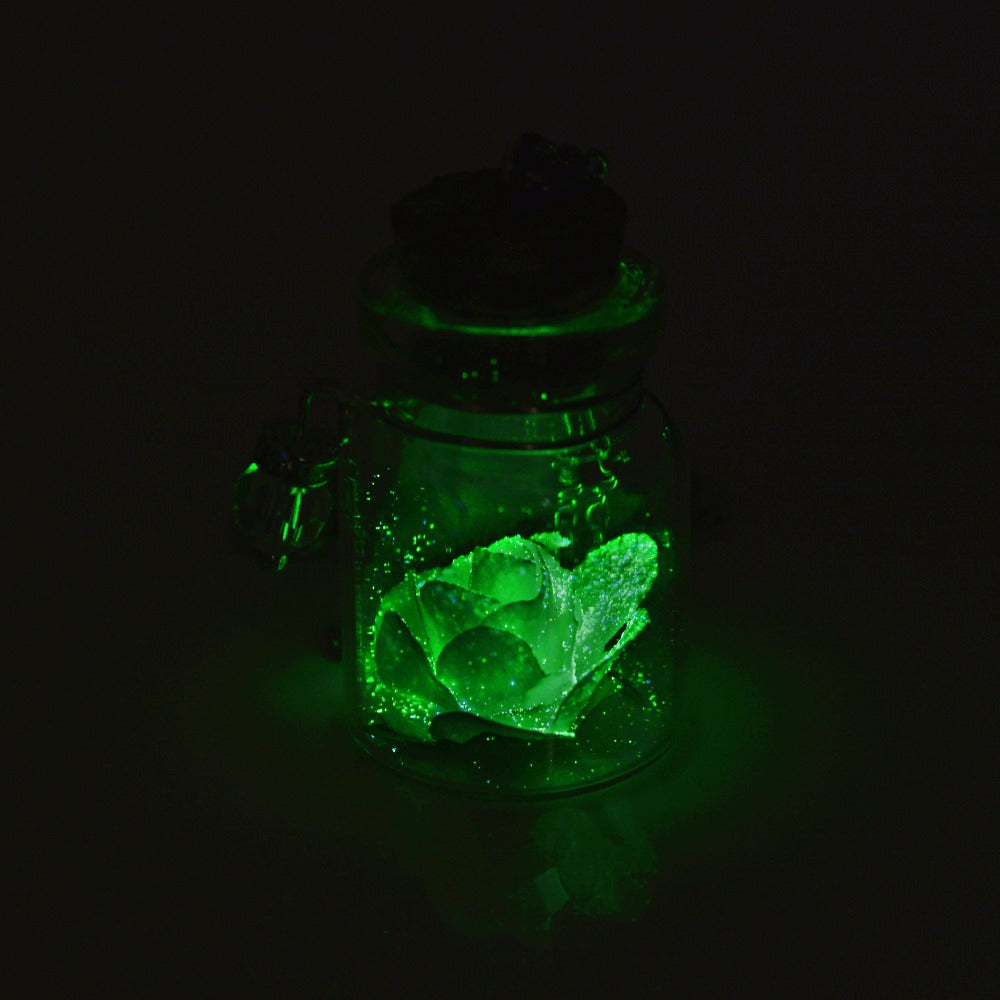 Romantic Luminous Glow In Dark Rose Flower Pendant Necklace Fluorescent Glass Wish Bottle Chain Choker Necklace Gift Jewelry