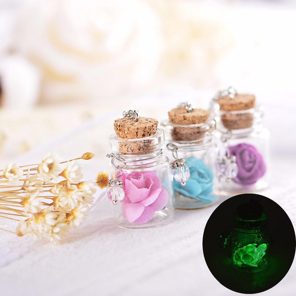 Romantic Luminous Glow In Dark Rose Flower Pendant Necklace Fluorescent Glass Wish Bottle Chain Choker Necklace Gift Jewelry