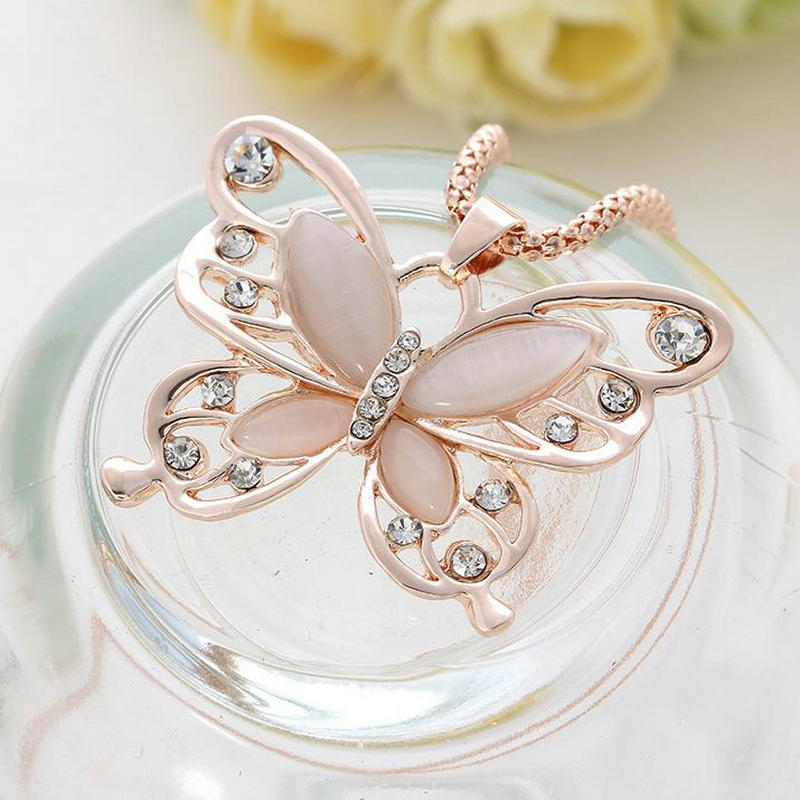 Rose Gold Acrylic Crystal 4CM Big Butterfly Pendant Necklace 70CM Long Chain Sweater Jewelry For Women