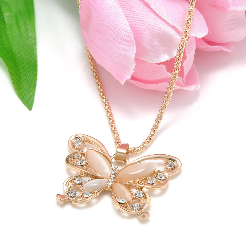 Rose Gold Acrylic Crystal 4CM Big Butterfly Pendant Necklace 70CM Long Chain Sweater Jewelry For Women