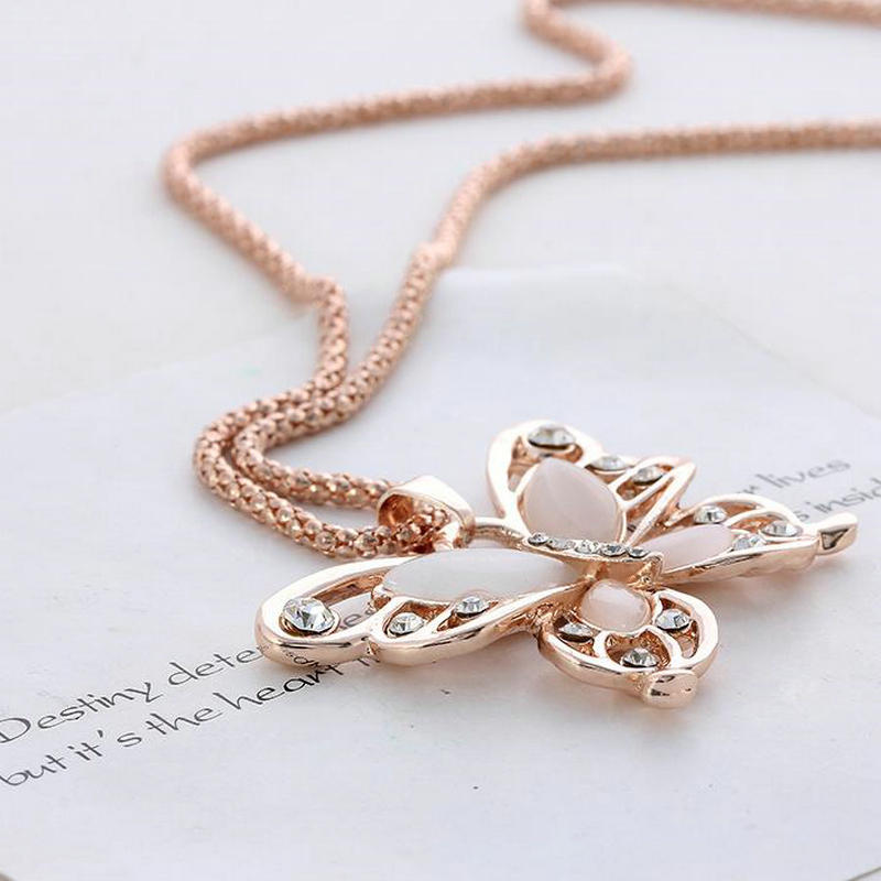 Rose Gold Acrylic Crystal 4CM Big Butterfly Pendant Necklace 70CM Long Chain Sweater Jewelry For Women