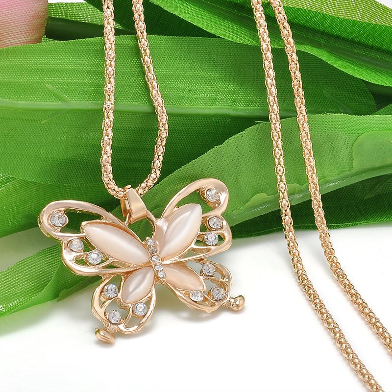 Rose Gold Acrylic Crystal 4CM Big Butterfly Pendant Necklace 70CM Long Chain Sweater Jewelry For Women