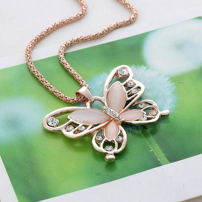 Rose Gold Acrylic Crystal 4CM Big Butterfly Pendant Necklace 70CM Long Chain Sweater Jewelry For Women