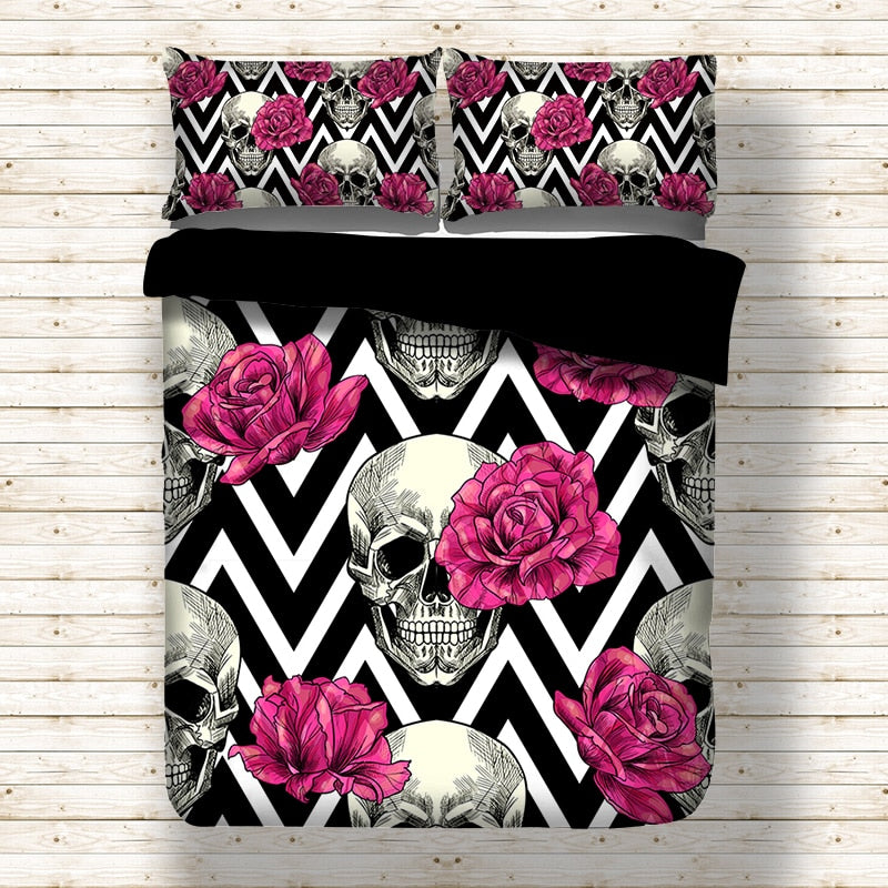 Rose Skull Black Duvet Cover Bedding Set Bed Sheet Twin Full Queen King Size 3PCS