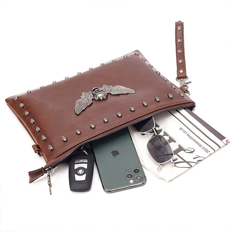 Skull rivet Designer Handbag Vintage Pu Leather Men's Clutch Bag Brown Skull Shoulder Bags Quality Unisex Purse for IPAD