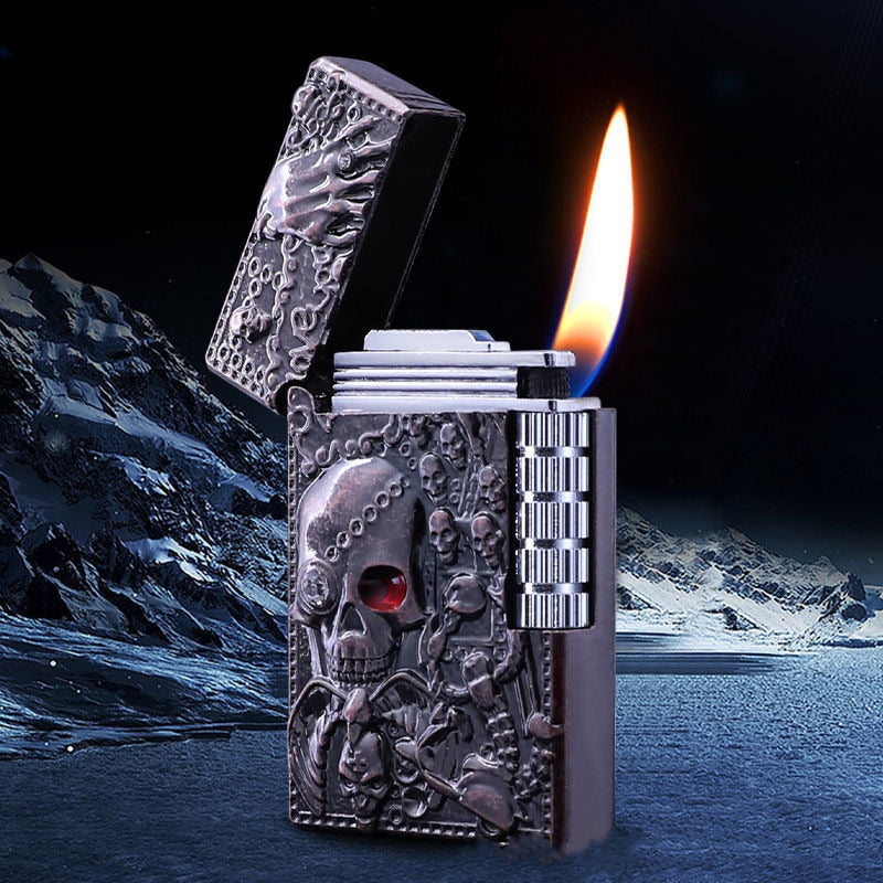 Retro Skull Head With Drill Lighter Flint Wheel Inflatable Butane Torch Lighter Smoking Accessories