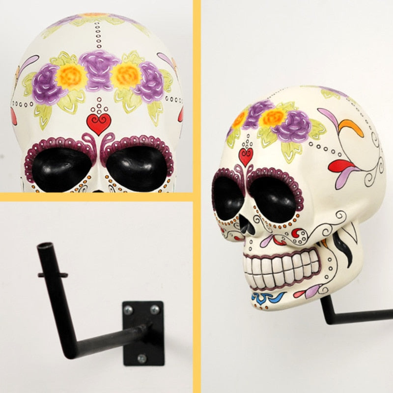 Human Skull Head Wall Hanging Statue Colorful Drawing Sugar Skeleton Wall-mount Ornaments Tabletop Halloween Home Decor Gift