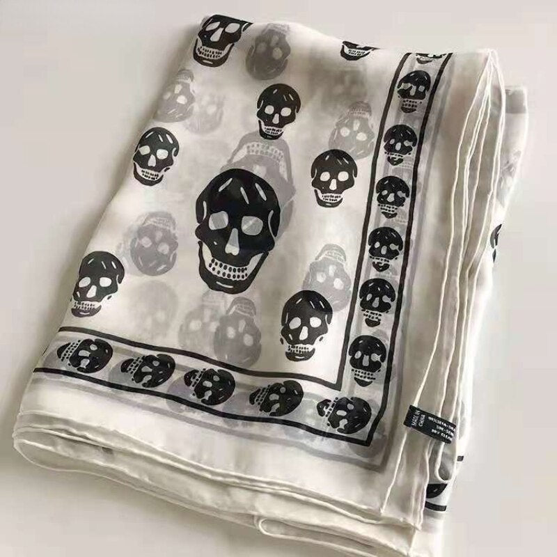 Summer Beach Square Shawl Ladies Designer Skull Print Chiffon Scarf Muslim Hijab for Women Luxury Skeleton Wrap 120cm*120cm